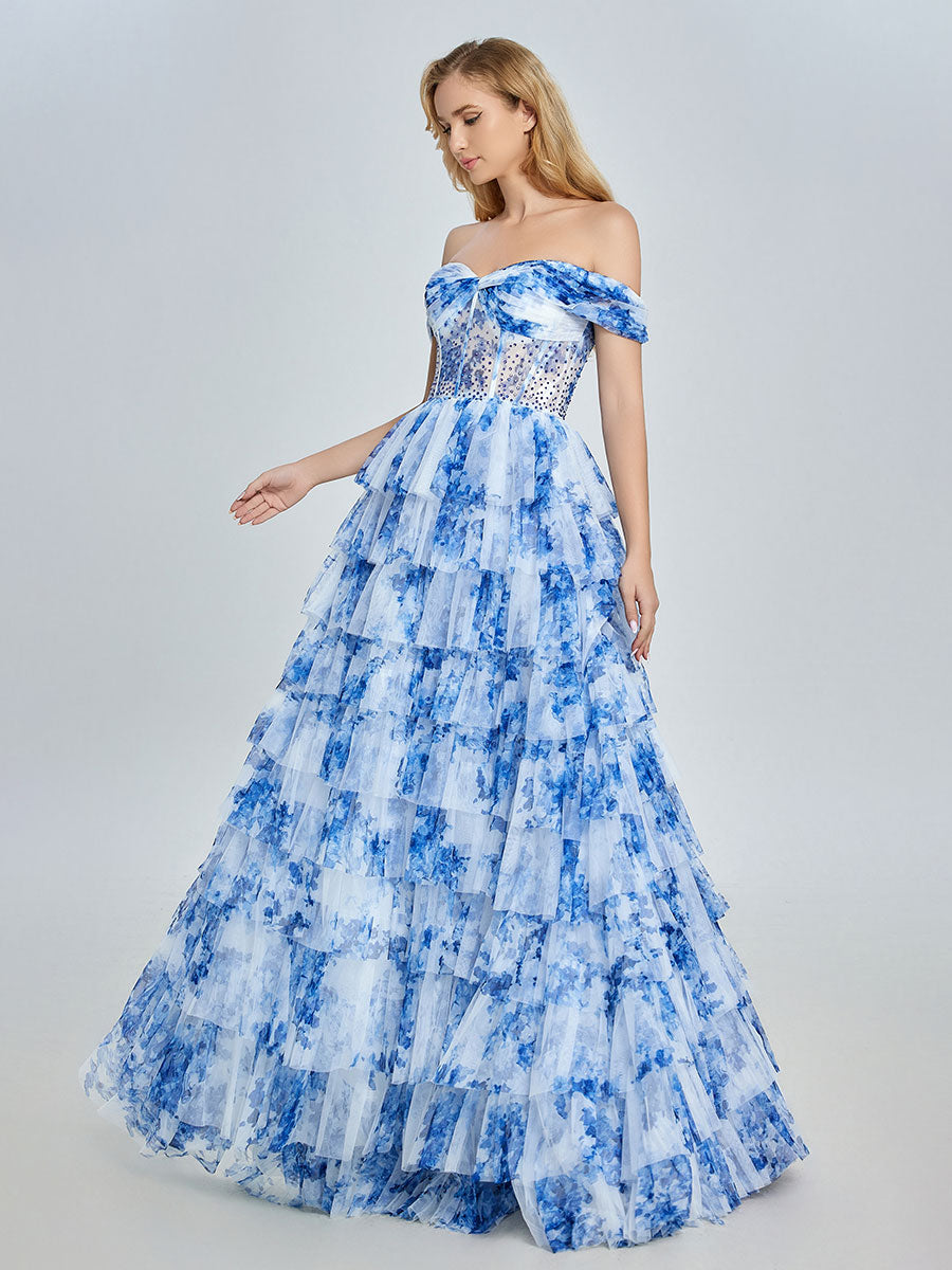 Off-Shoulder Blue Floral Tulle Gown Layered Prom Dress YE3025