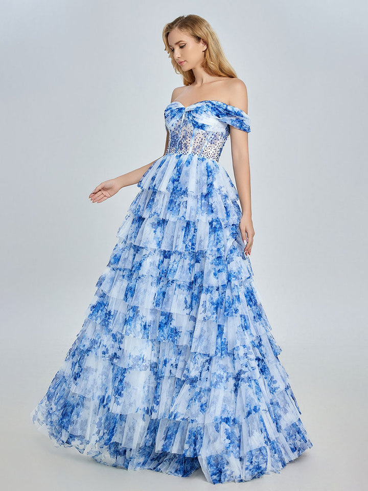 Off-Shoulder Blue Floral Tulle Gown Layered Prom Dress YE3025