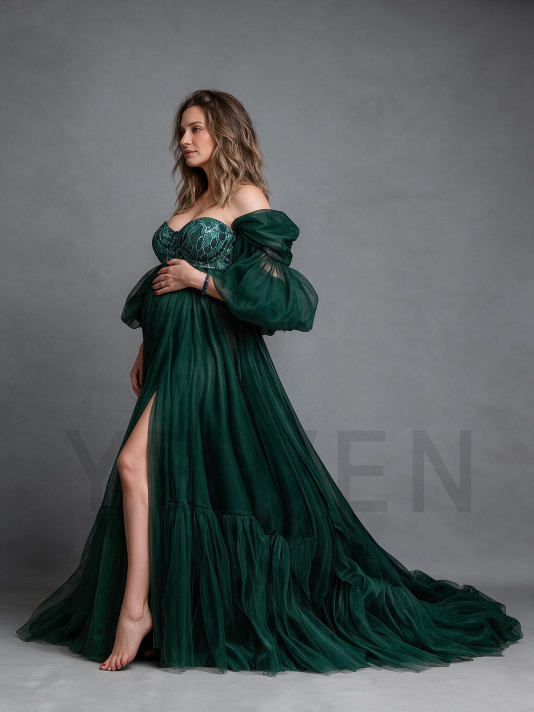 Puff Sleeve Sequin Off-Shoulder Maternity Photoshoot Gown YW2610145