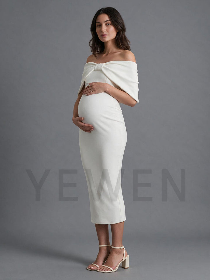 Ivory Off-Shoulder Fold-Over Stretch Maternity Dress for Baby Shower