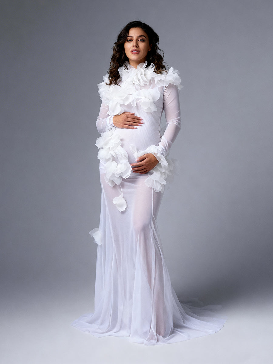 Sheer Maternity Photoshoot Dress Elegant White 3D Floral Long Sleeve Pregnancy Photography Gown Sheer Maternity Photoshoot Dress Elegant White 3D Floral Long Sleeve Pregnancy Photography Gown