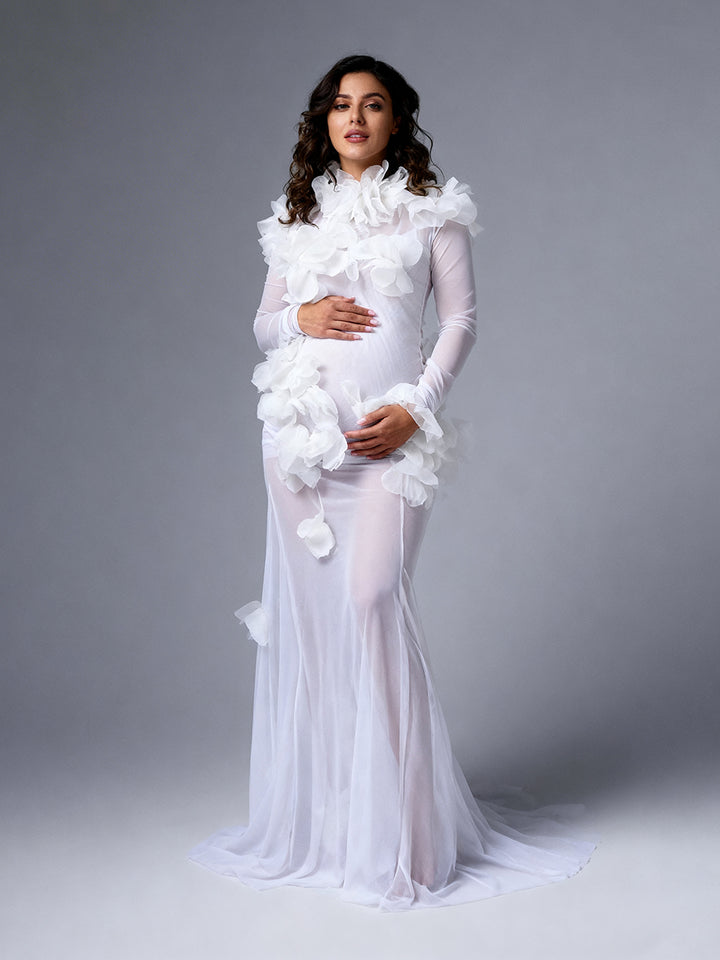 Sheer Maternity Photoshoot Dress Elegant White 3D Floral Long Sleeve Pregnancy Photography Gown