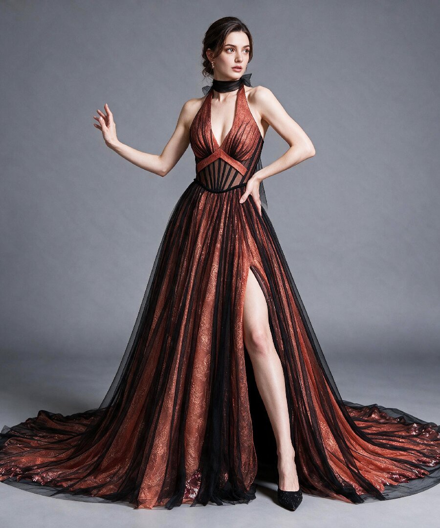 Halter Corset Tulle Evening Gown with Sequin Train YX26103