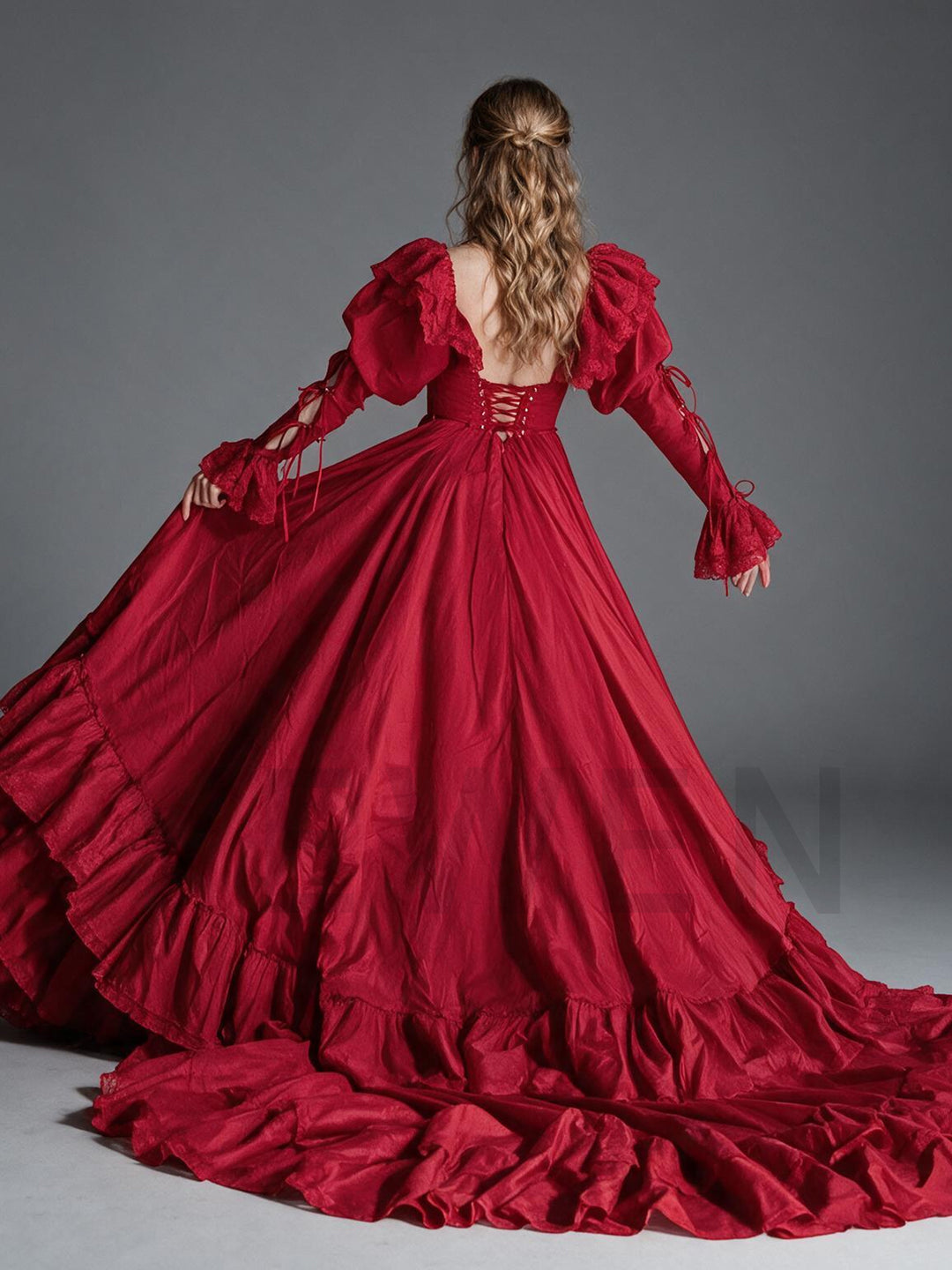 Red Lace Ruffle Off-Shoulder Puff Sleeve Princess Dress YW2609298