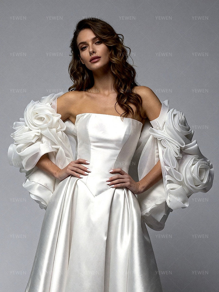 Luxury Wedding Dress with 3D Rose Flowers Cape Women Bridal Gown