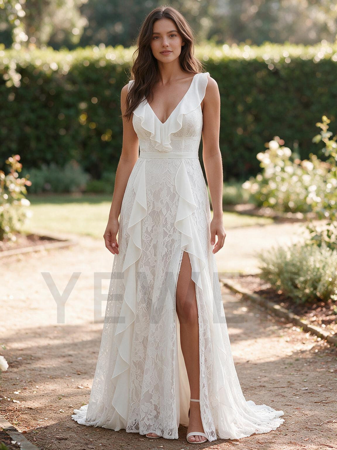 Ivory Draped Ruffle Front Floral Lace Boho Wedding Dress