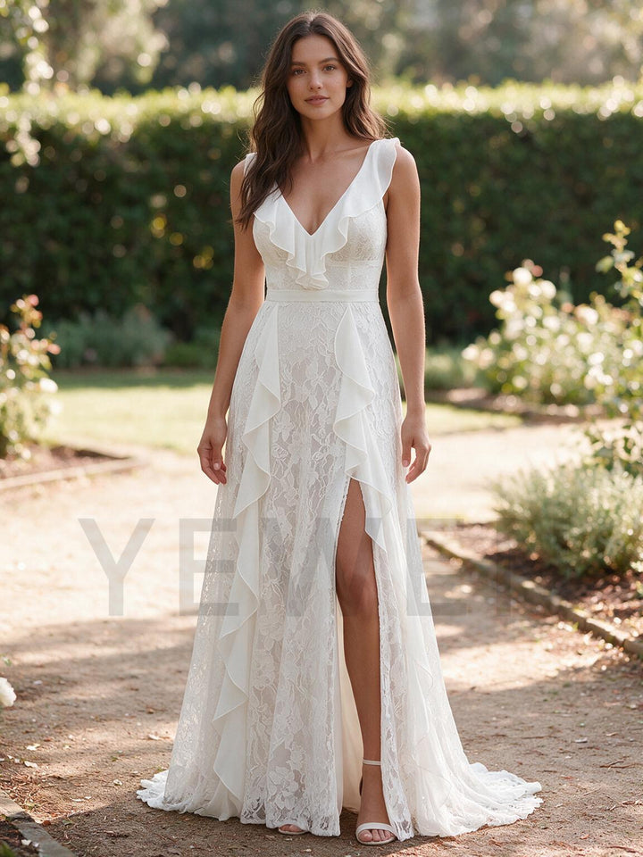 Ivory Draped Ruffle Front Floral Lace Boho Wedding Dress