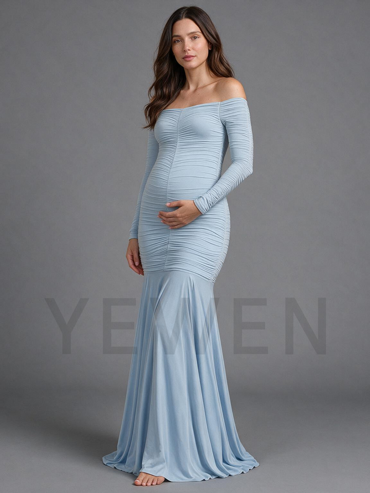 Off-Shoulder Long Sleeve Ruched Mermaid Maternity Baby Shower Dress
