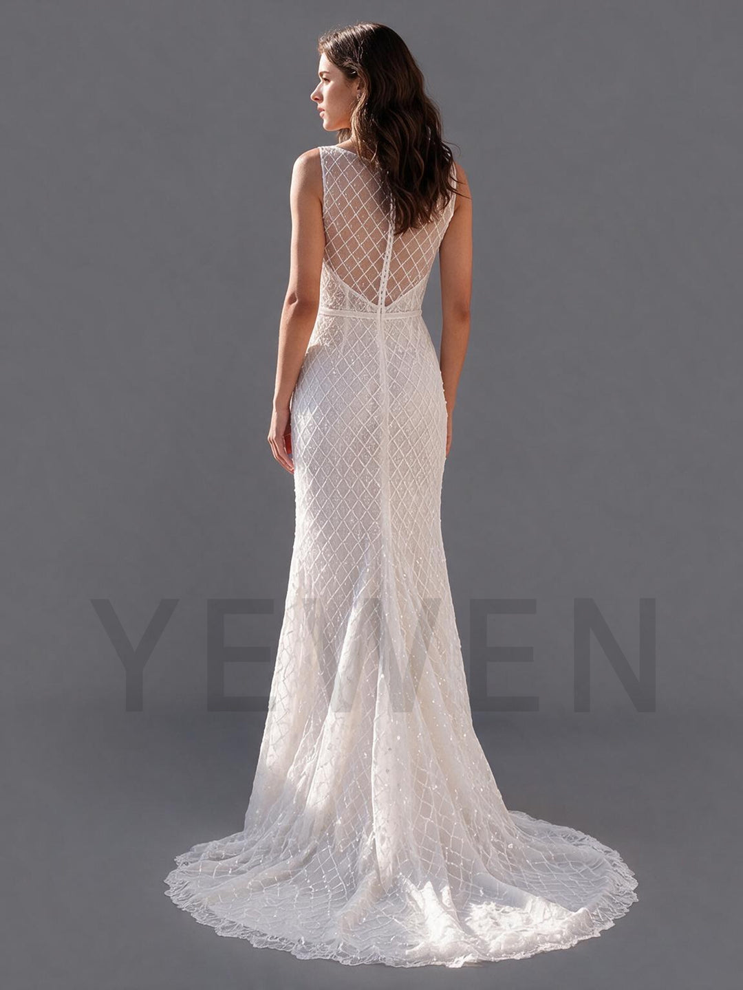 Ivory Sleeveless High Neck Sparkle Lace Mermaid Wedding Dress