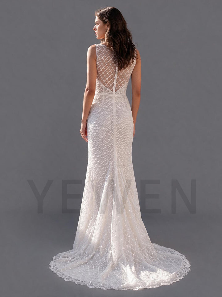 Ivory Sleeveless High Neck Sparkle Lace Mermaid Wedding Dress