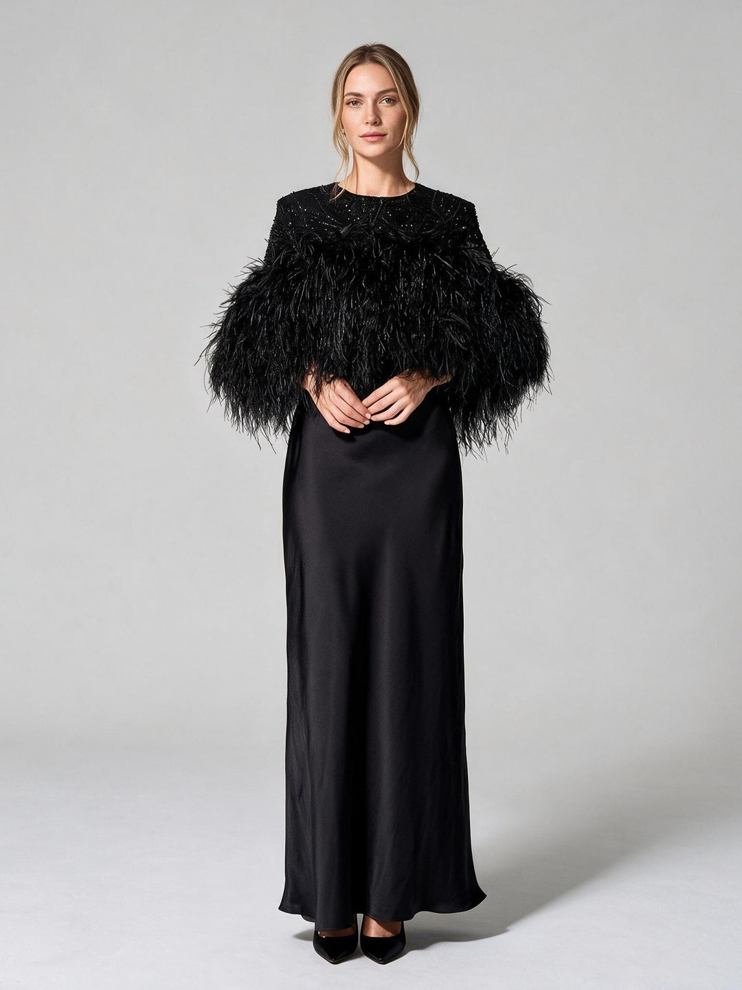 Black Feather Trim Sequin Bodice Satin Maxi Evening Gown YA261004