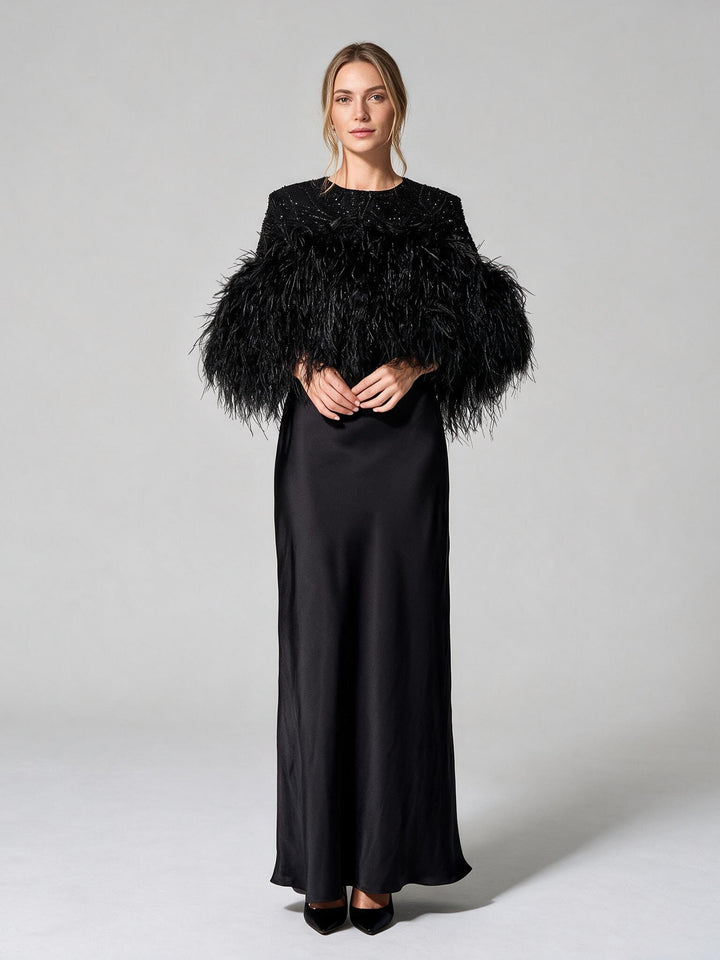 Black Feather Trim Sequin Bodice Satin Maxi Evening Gown YA261004