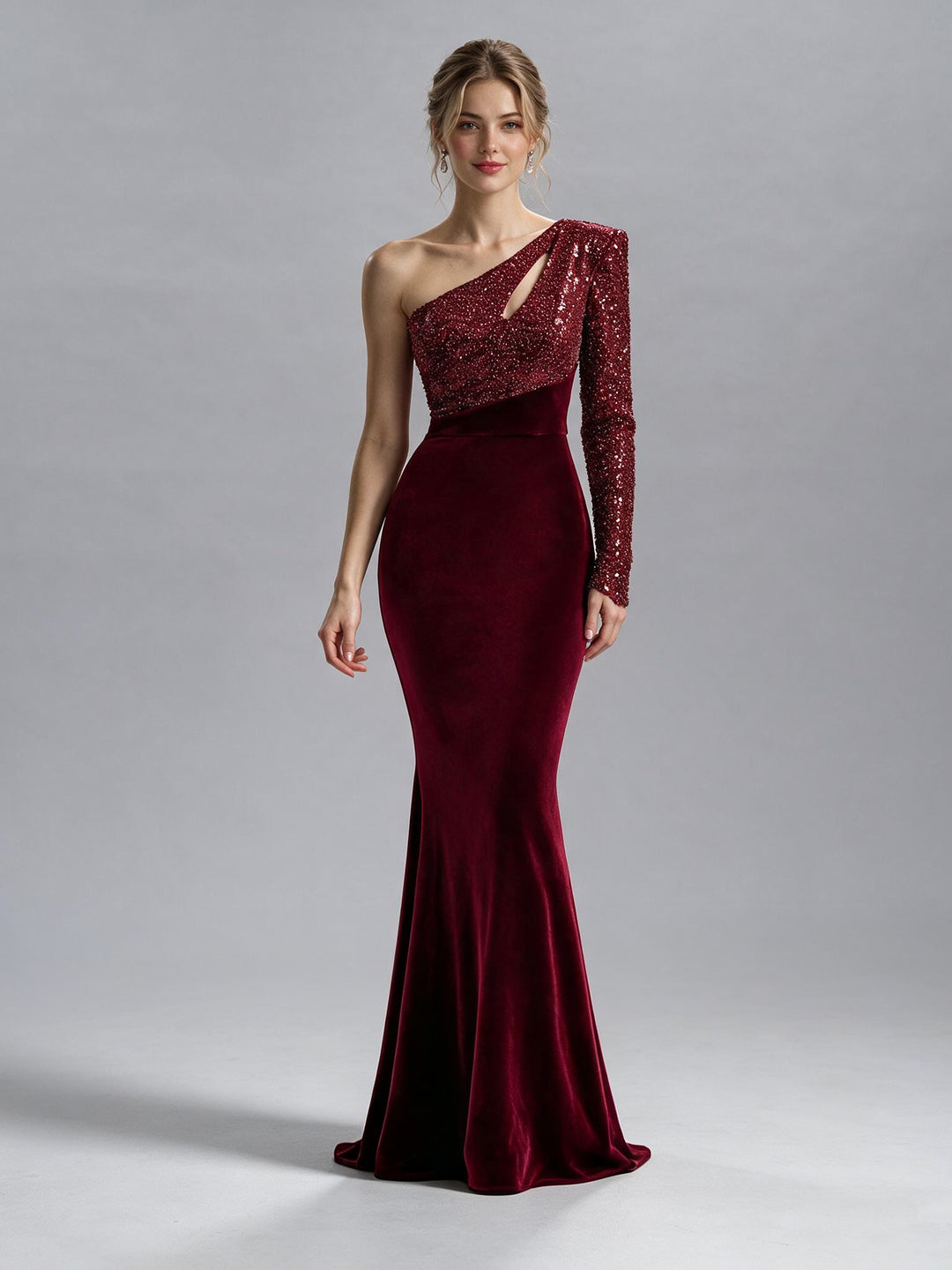 Burgundy One-Shoulder Sequin Velvet Mermaid Christmas Dress YW2609213