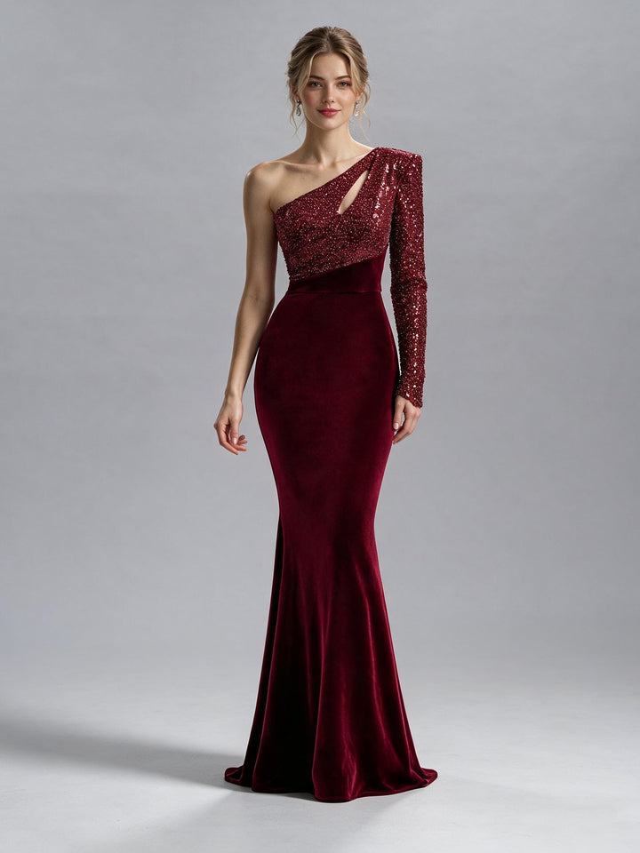 Burgundy One-Shoulder Sequin Velvet Mermaid Christmas Dress YW2609213