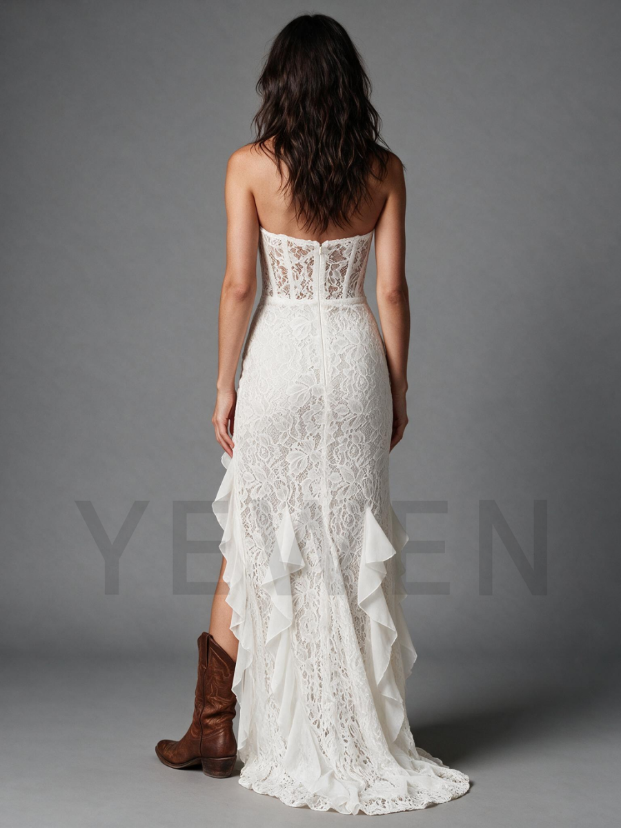 Ivory Strapless Wedding Dress with Sheer Lace Corset and Tiered Ruffle Skirt