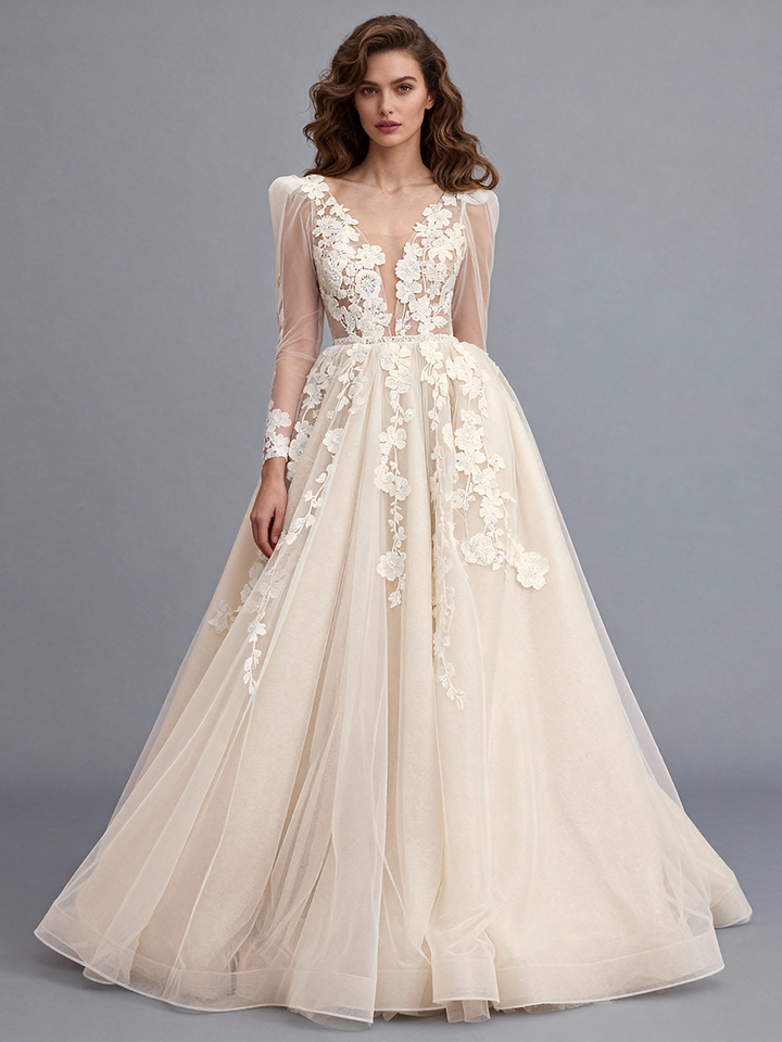 A Line Backless Wedding Dress Lace Applique Tulle Wedding Gown