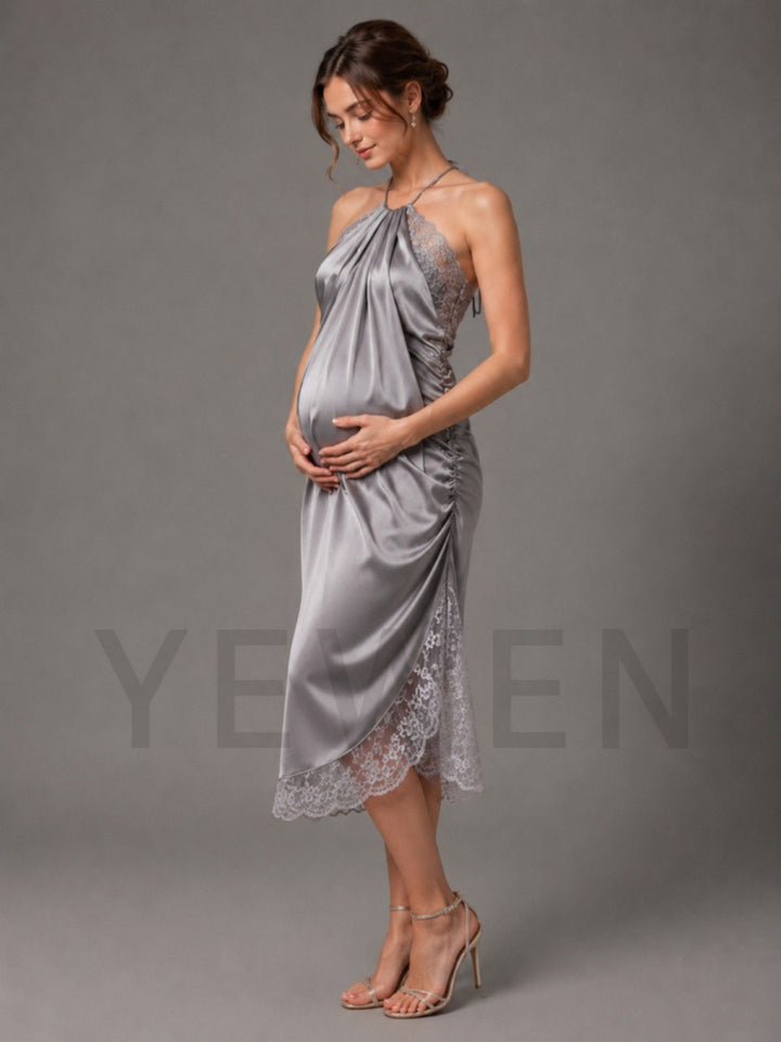 Silver Halter Lace Trim Hem Maternity Baby Shower Dress L-26918