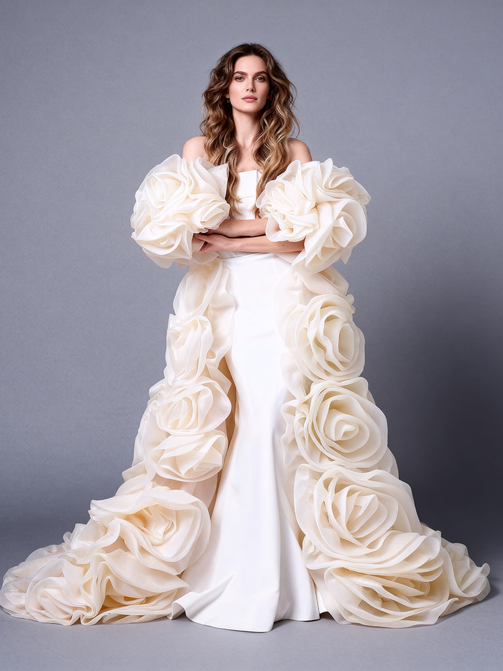 Bridal Organza Cape with Handmade Flowers Detachable Wedding Cape Train Romantic Lightweight Bridal Accessory