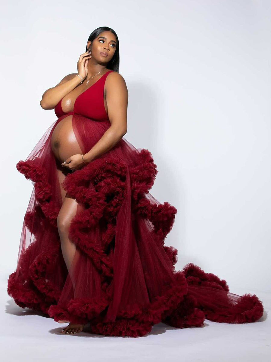 White/Burgundy V-neck Cloud 30CM Train Maternity Dress For Photoshoot 12-14 / N227