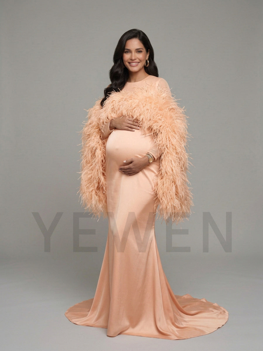 Dramatic Ostrich Feather Cape Maternity Baby Shower Dress YD260917