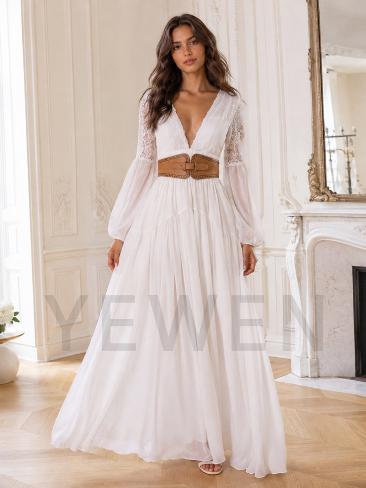 Ivory Deep V-Neck Lace Sleeve Boho Wedding Dress(without Leather Belt)