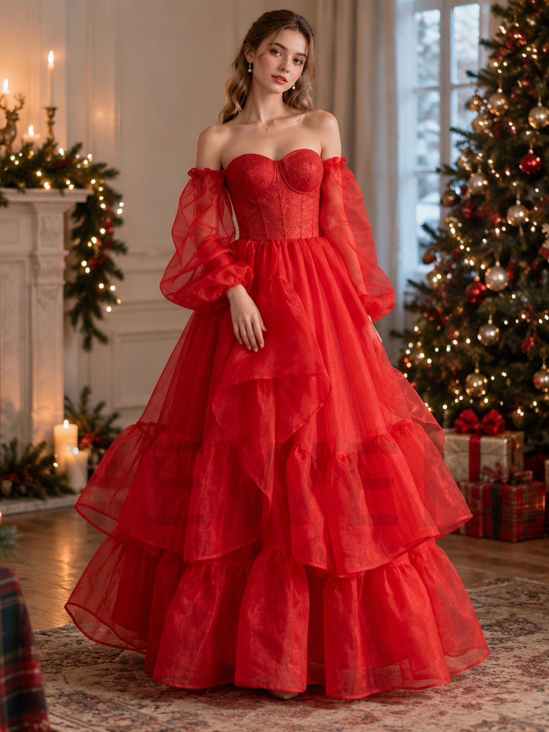 Strapless Puff Sleeves Tiered Ruffle Tulle Christmas Dress YW2610083