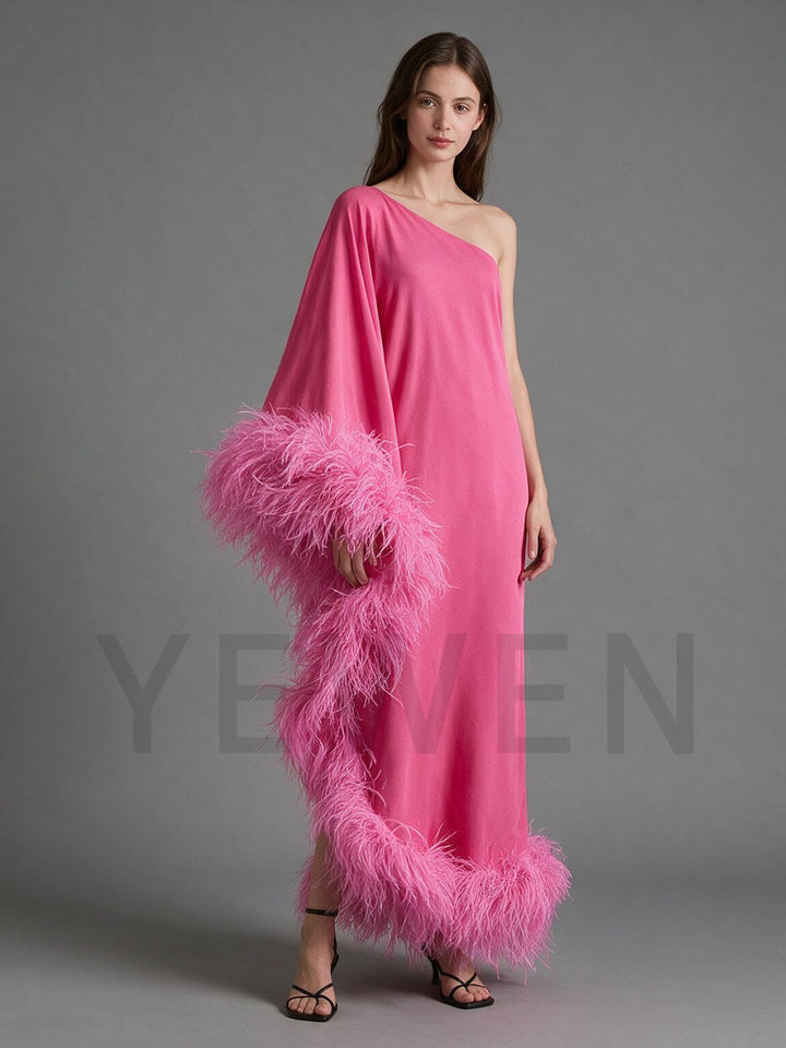 One-Shoulder Poncho Ostrich Feather Satin Evening Gown YW2610065