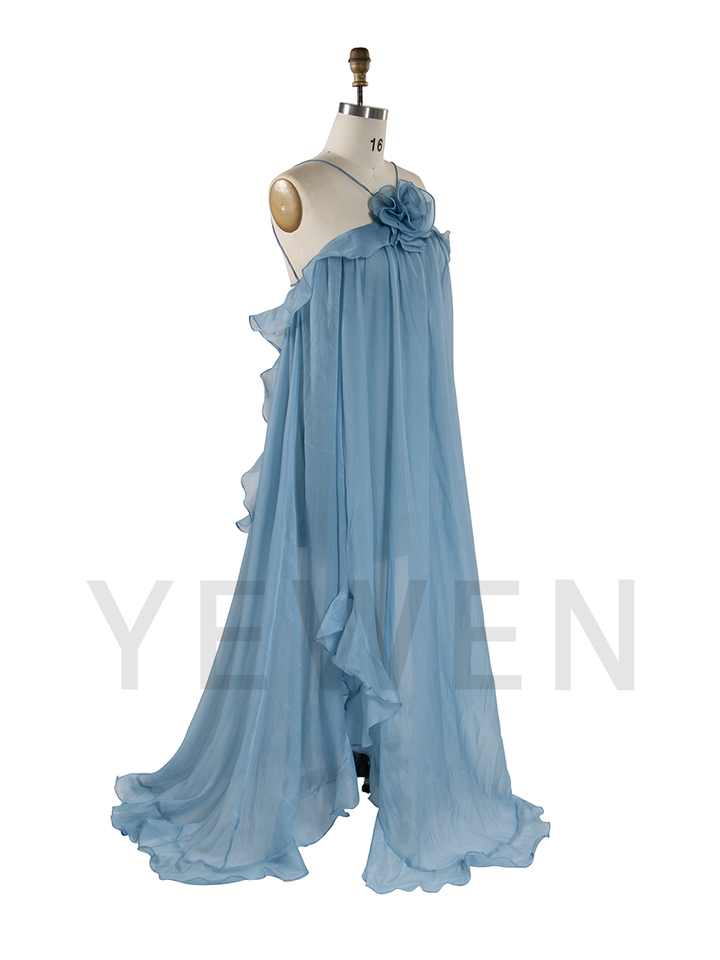 Halter Neck Maxi Dress with Ruffles 3D Flower Chiffon Boho Beach Dress Gathered Dress Honeymoon Maxi Dress YW250094