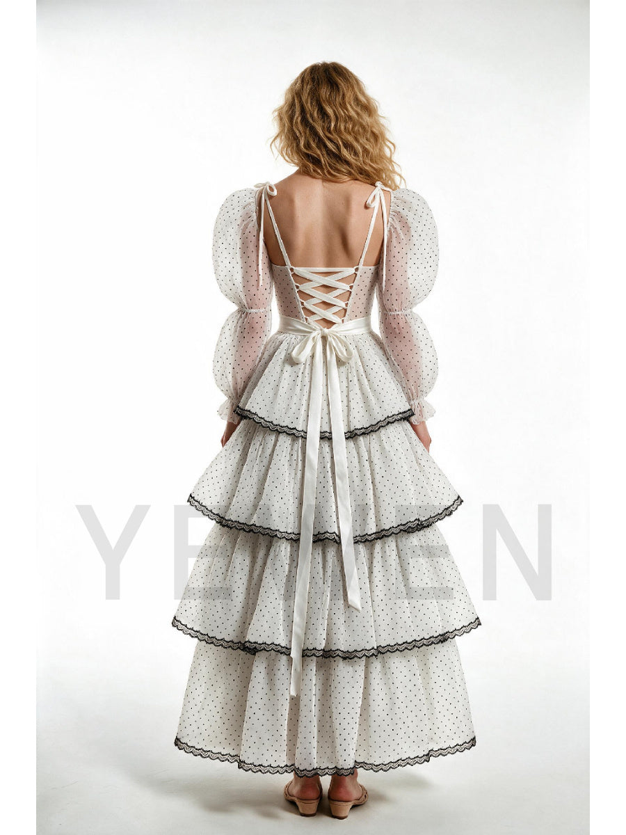 Ivory Polka Dot Sheer Puff Sleeve Black Lace Trim Princess Dress