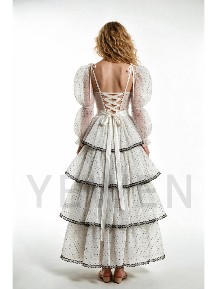 Ivory Polka Dot Sheer Puff Sleeve Black Lace Trim Princess Dress