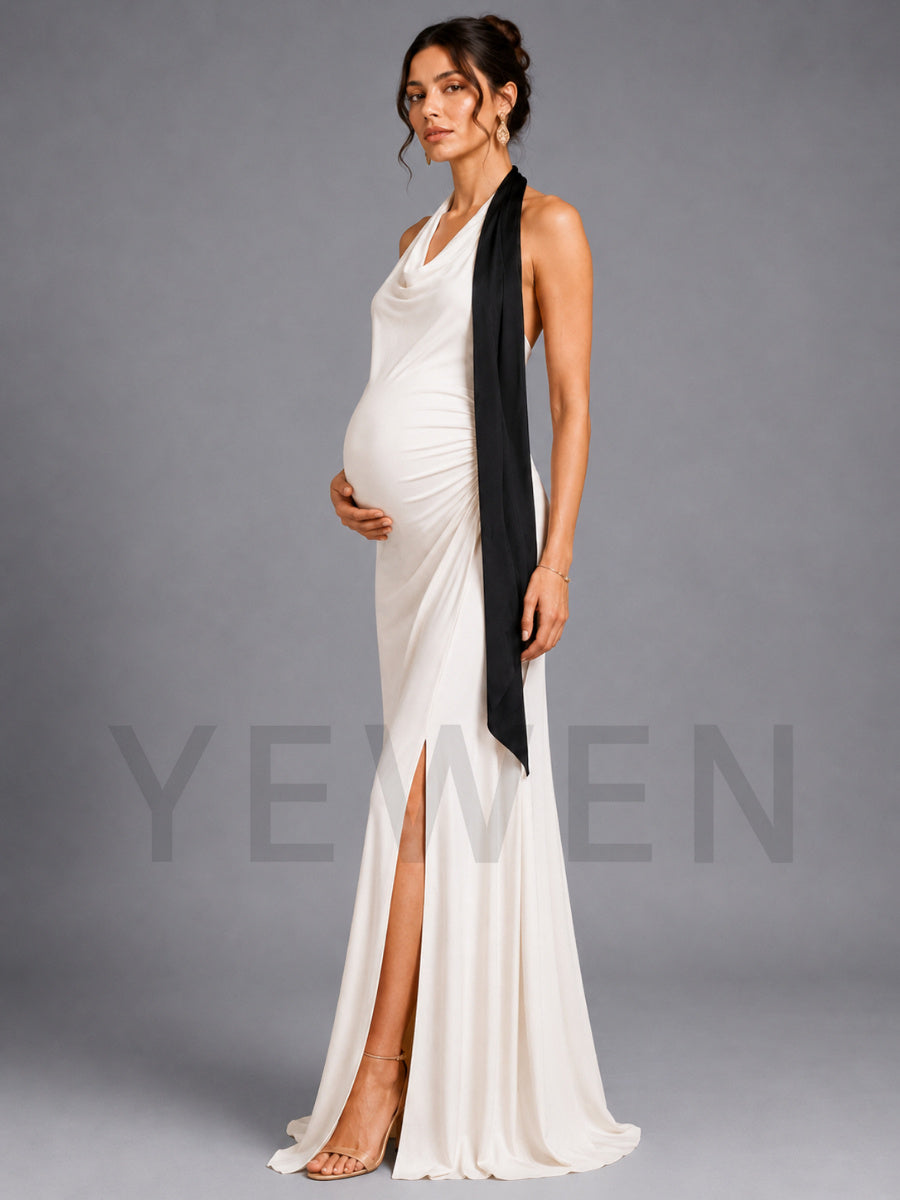 Ivory Halter Black Draped Maternity Baby Shower Dress L-26929