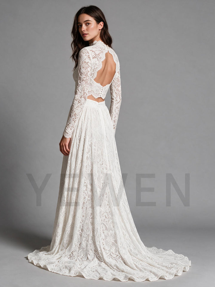 Ivory Two-Piece High Neck Wedding Dress with High Slit Ruffle Skirt