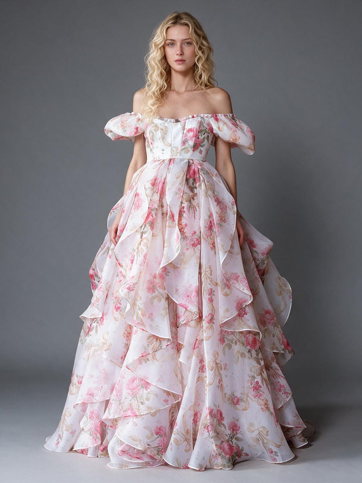 Pink Floral Print Off-Shoulder Puff Sleeve Princess Dress YW2609297