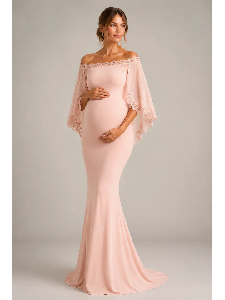 Lace Edge Cape Sleeve Maternity Dress for Photoshoot & Baby Shower L-26811