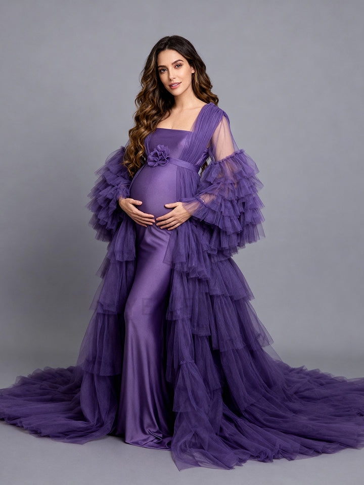 2 Piece Set Purple Maternity Photoshoot Dress Robe for Pregnancy Photography