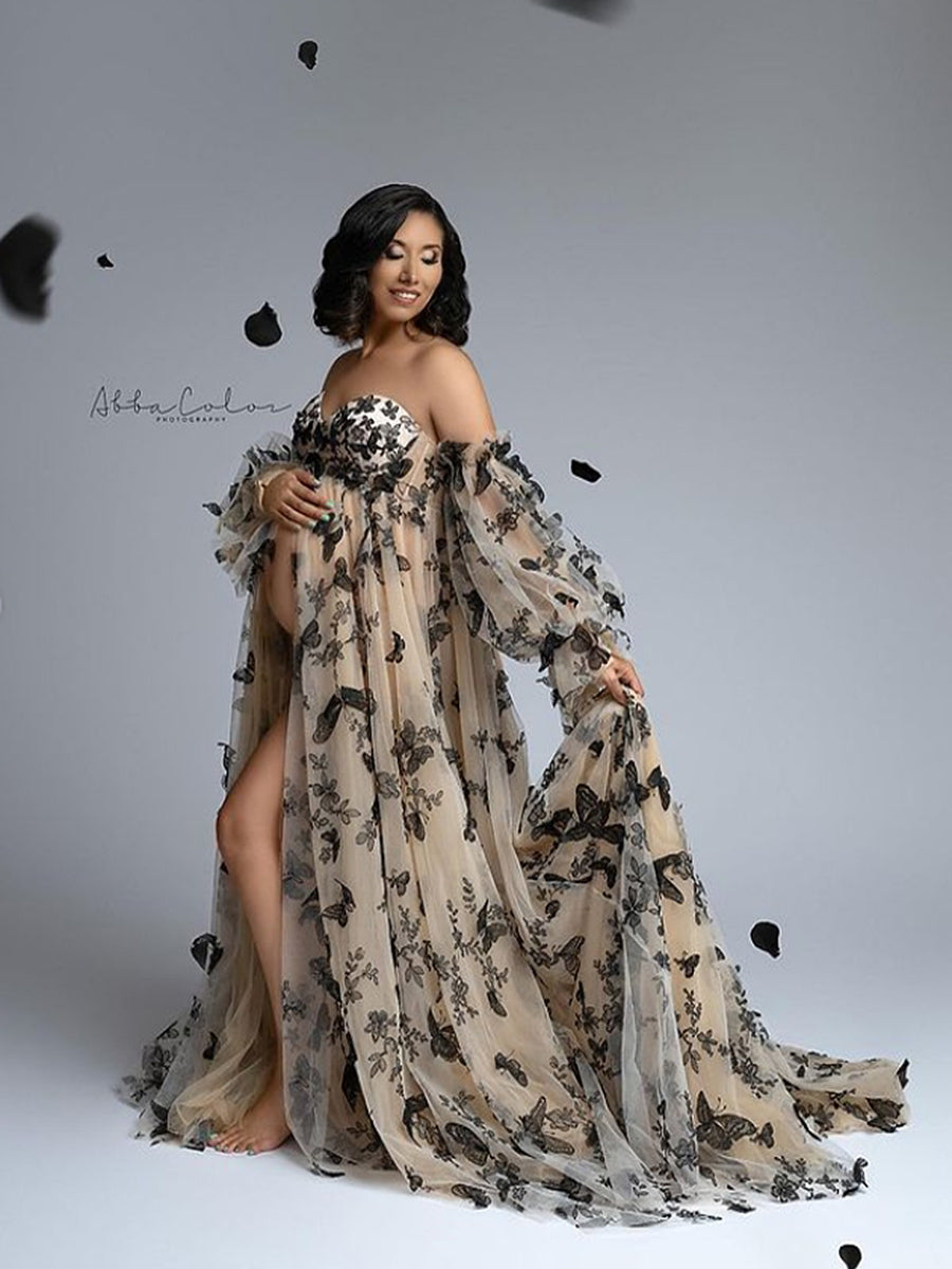 Elegant Embroidery Butterfly Maternity Dress for Photo Shoot Detachable Sleeves Maxi Woman Baby Shower Dress YW220420 18w / Picture Color Elegant Embroidery Butterfly Maternity Dress for Photo Shoot Detachable Sleeves Maxi Woman Baby Shower Dress YW220420 18w / Picture Color