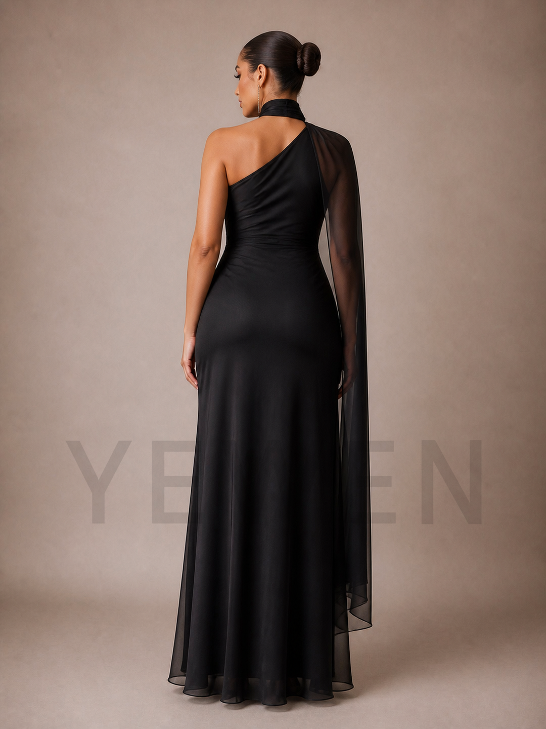 Black Maternity Baby Shower Dress Asymmetric Gown with Sheer Cape Overlay ZX013