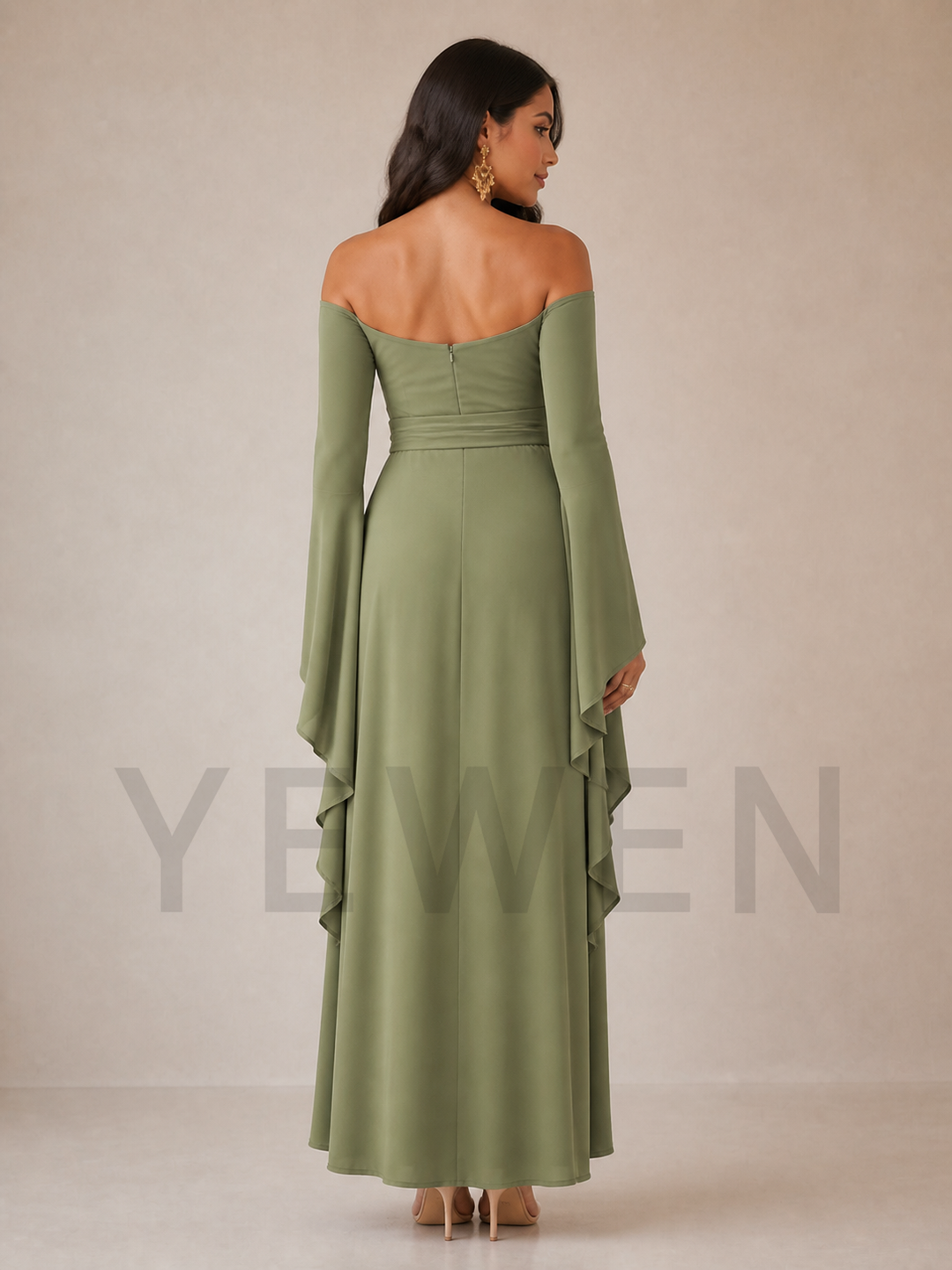 Olive Green Long Bell Sleeve Maternity Baby Shower Dress ZX002