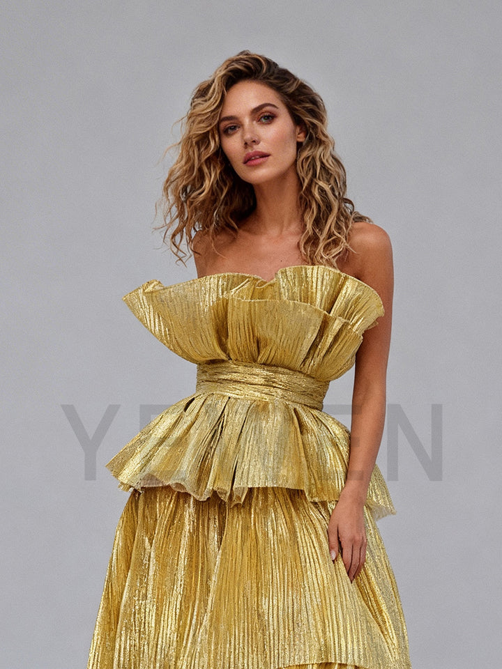 Golden Tored Puffy Pleated Evening Dresses Formal Occasion Prom Party Gown 2025