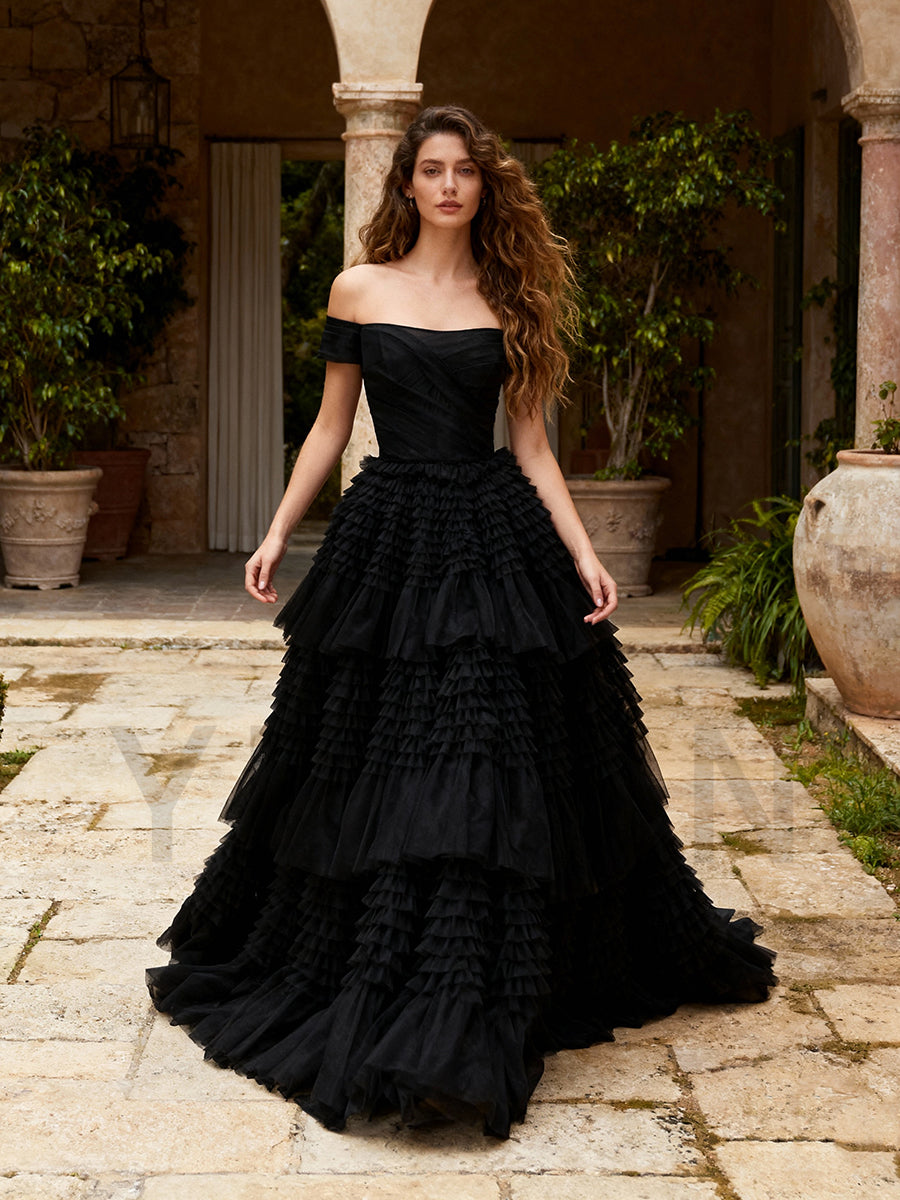 Off The Shoulder Layered Prom Dresses Black Tulle Ruffles Formal Occation Party Dress
