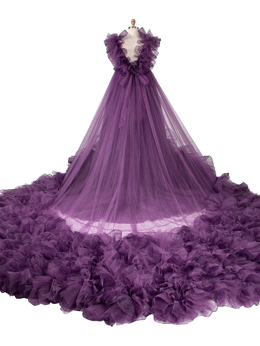 Long Train Ruffles Tulle Red Wedding Dress Photo Shoot Dress YW230920