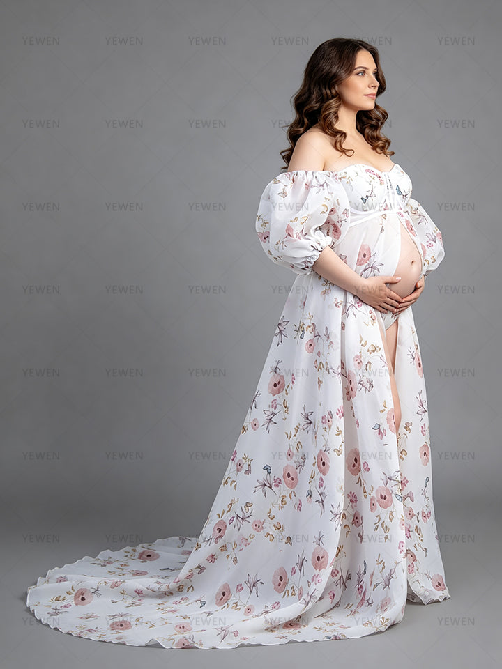 Maternity Photoshoot Floral Organza Dresses Pregnant Gown for Baby Shower