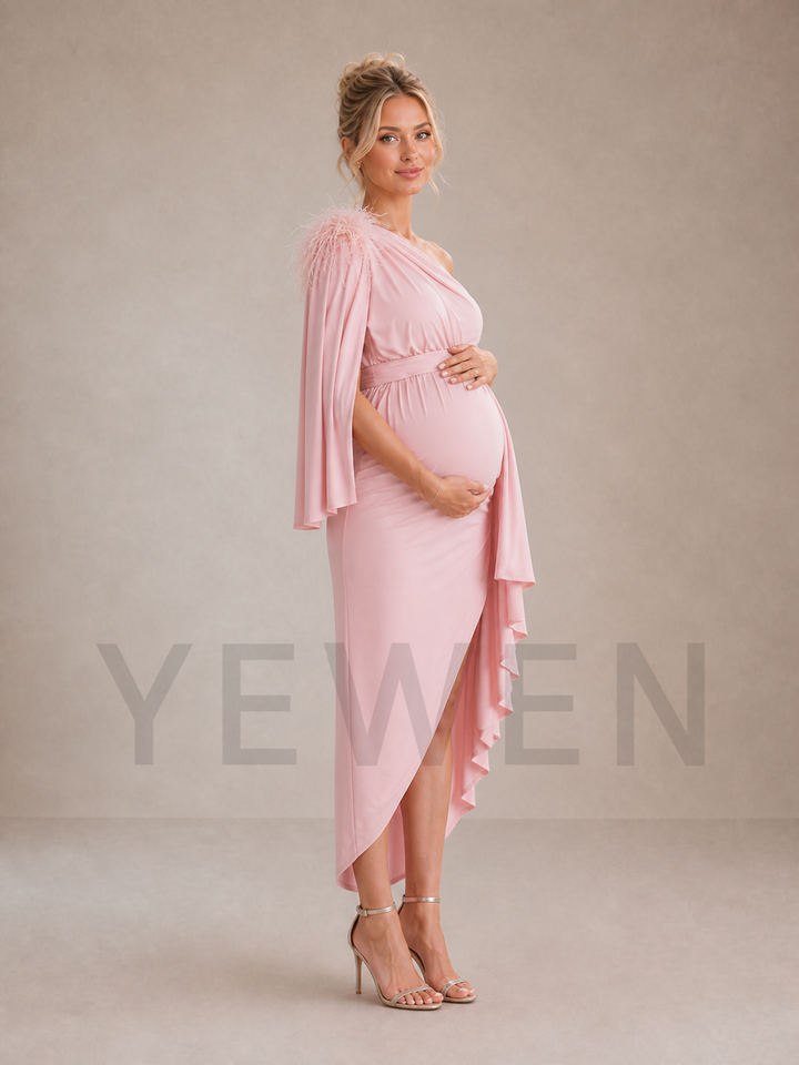 Pink One Shoulder Maternity Baby Shower Dress with Feather Cape Sleeve ZX004