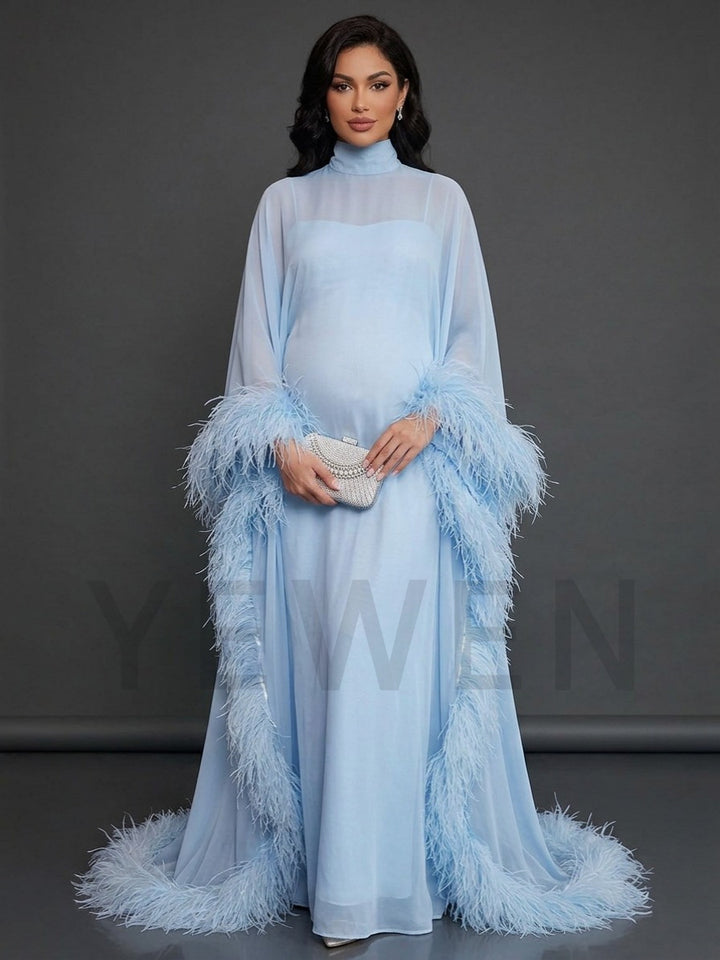 Blue Ostrich Feather Cape Maternity Baby Shower Dress YD260837
