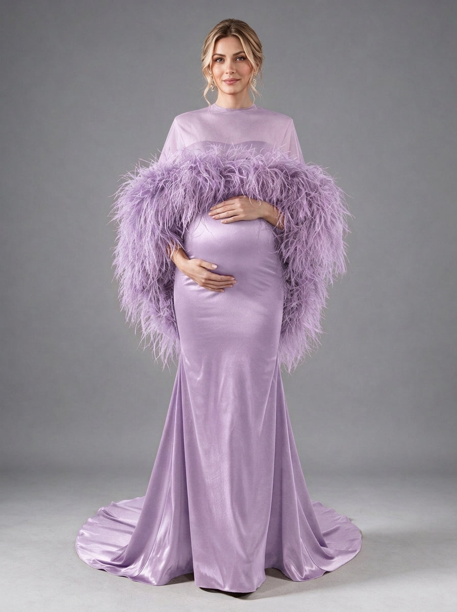Burgundy Ostrich Feather Cape Maternity Baby Shower Dress YD260917