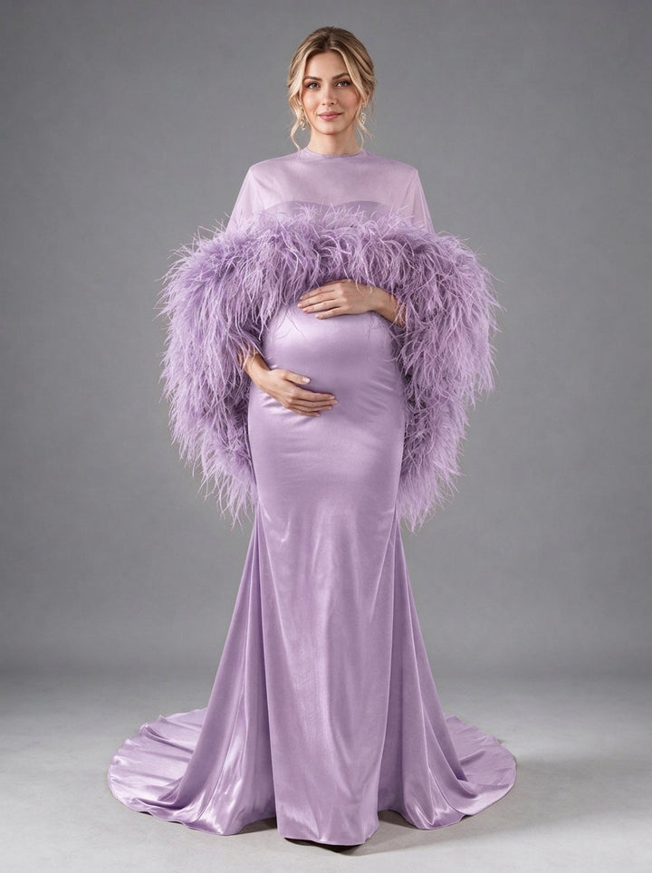Burgundy Ostrich Feather Cape Maternity Baby Shower Dress YD260917