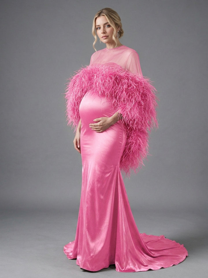 Burgundy Ostrich Feather Cape Maternity Baby Shower Dress YD260917