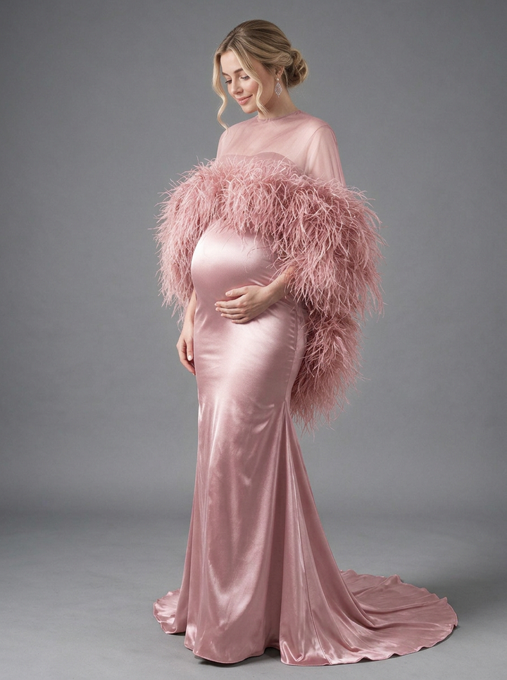 Burgundy Ostrich Feather Cape Maternity Baby Shower Dress YD260917