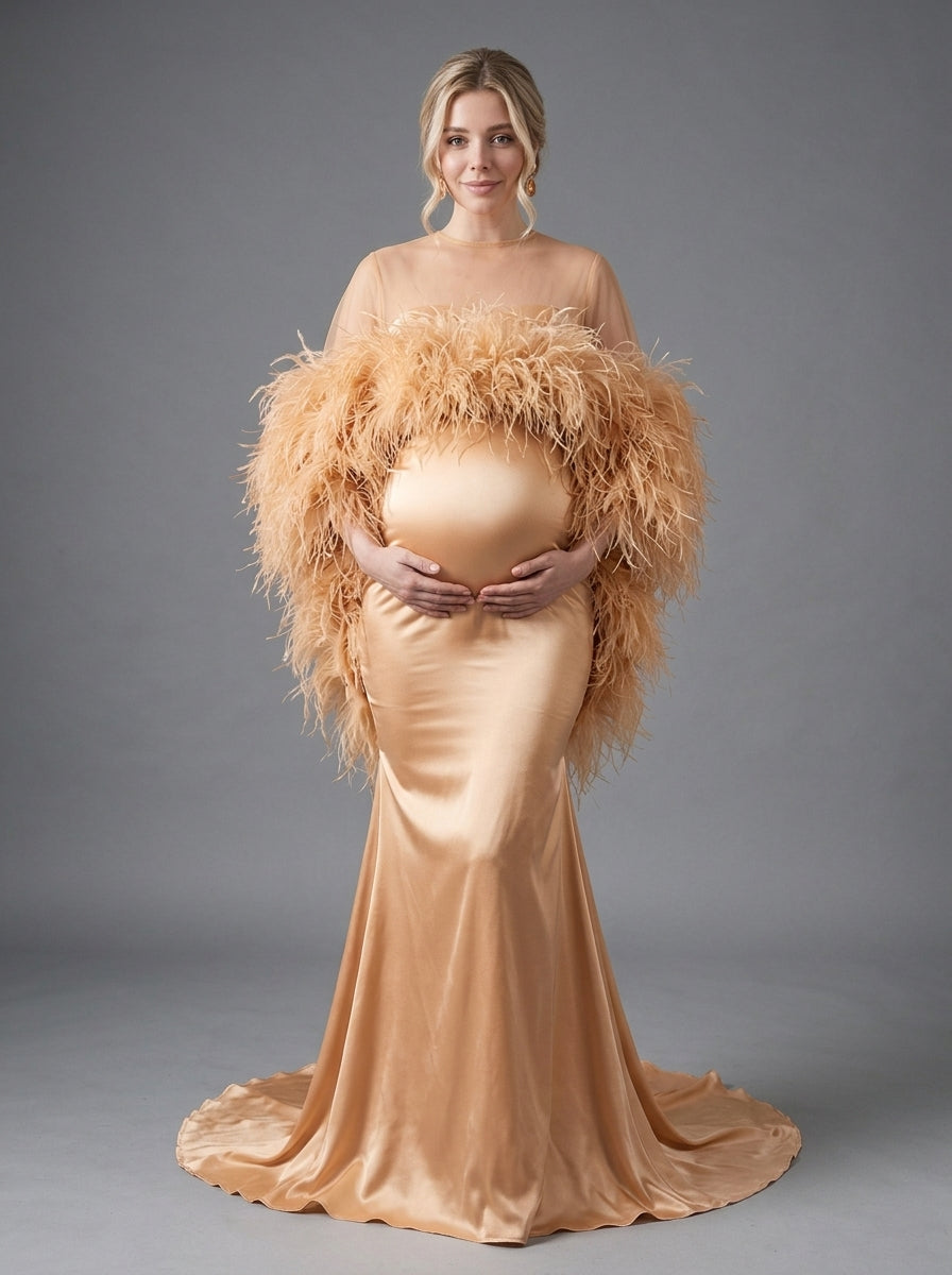 Burgundy Ostrich Feather Cape Maternity Baby Shower Dress YD260917