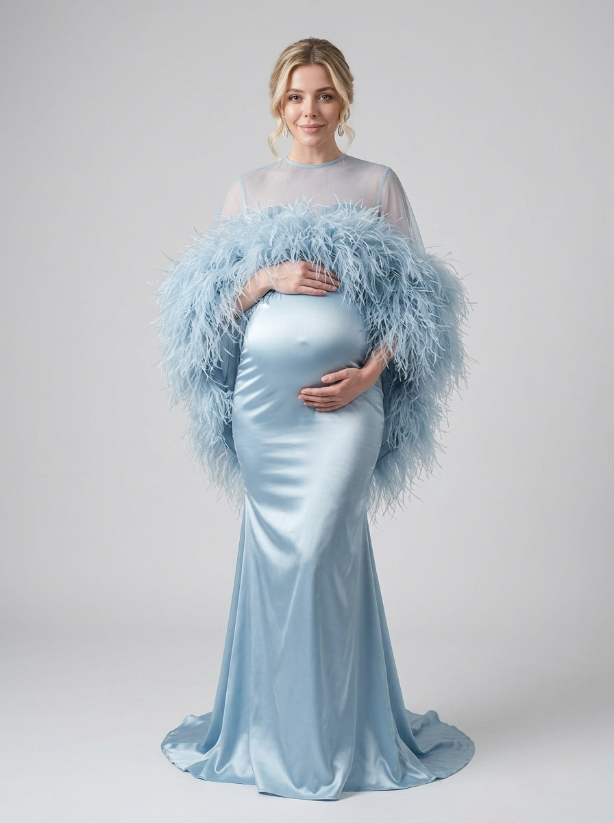 Burgundy Ostrich Feather Cape Maternity Baby Shower Dress YD260917